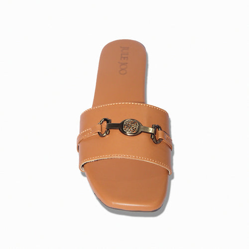 Tan Leatherette Emblem Slides