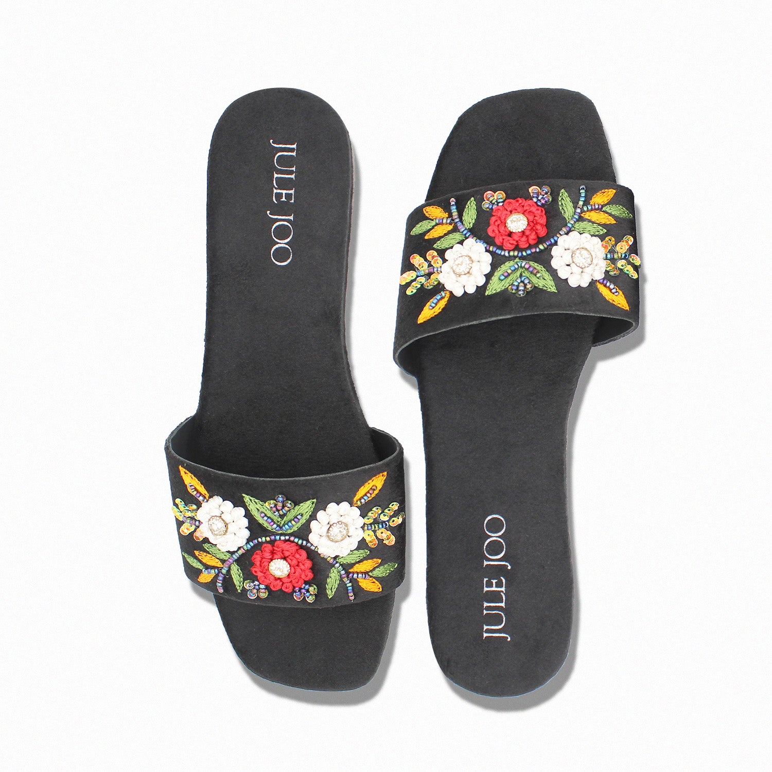 Black Floral Embroidered Slide