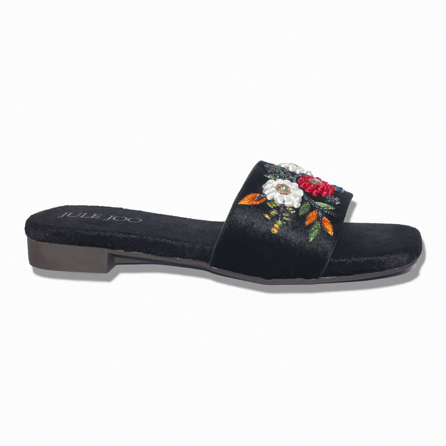 Black Floral Embroidered Slide