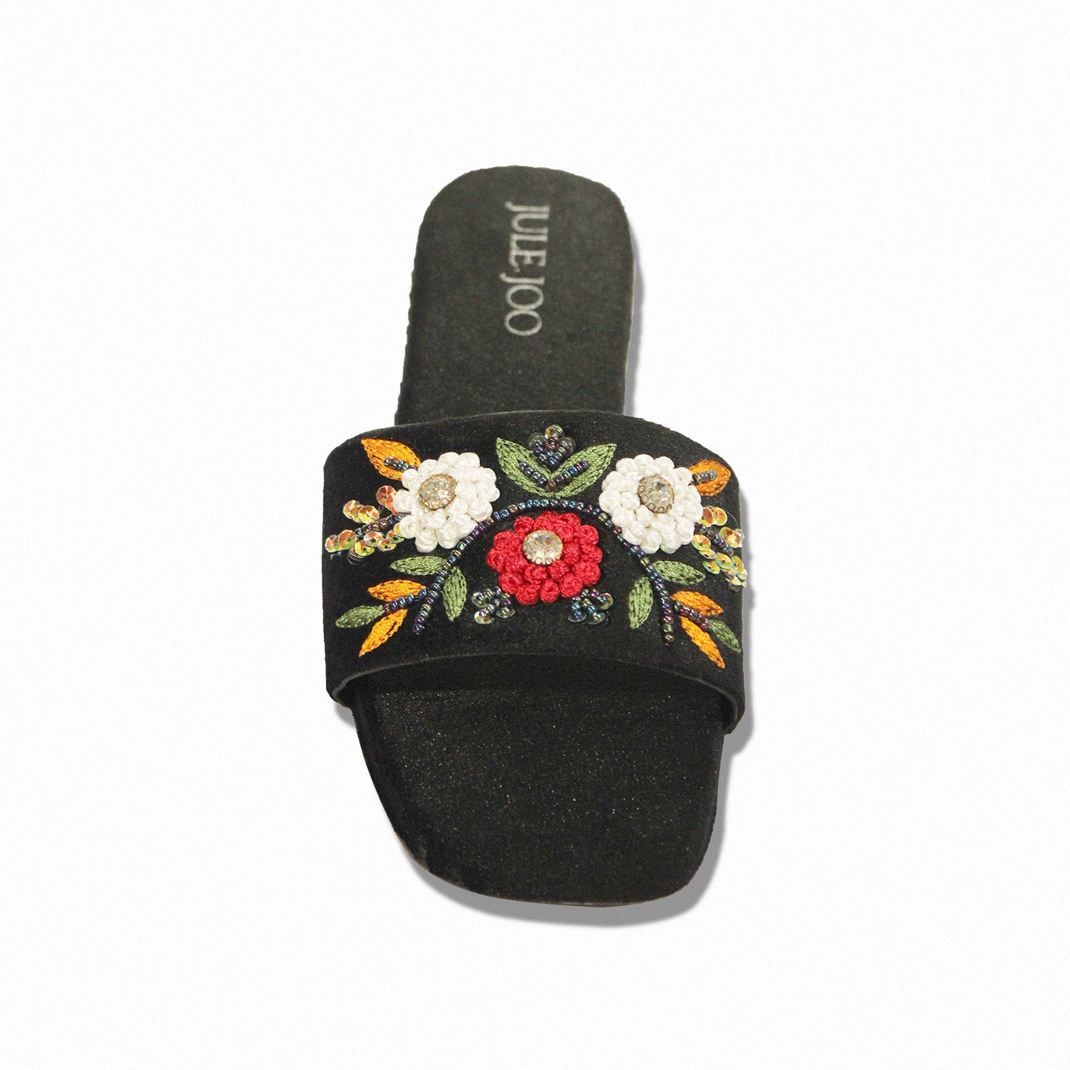 Black Floral Embroidered Slide