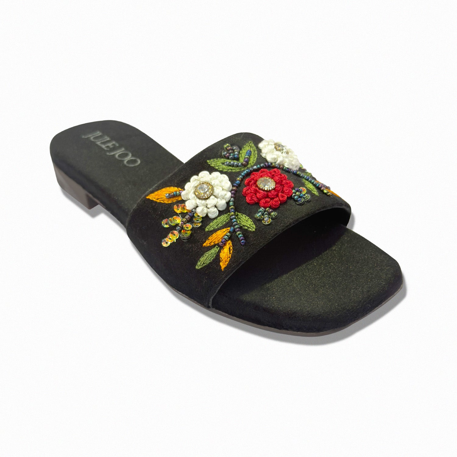 Black Floral Embroidered Slide